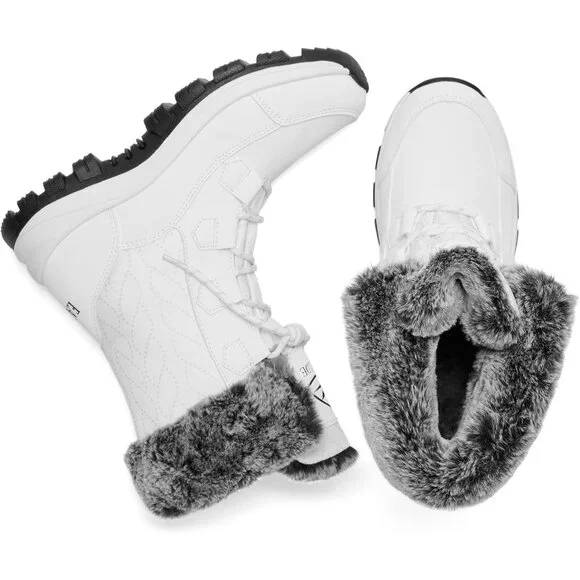 Women’s White Wheat Strip Waterproof Snow Boots Mid-Calf Faux Fur Lined Non-Slip